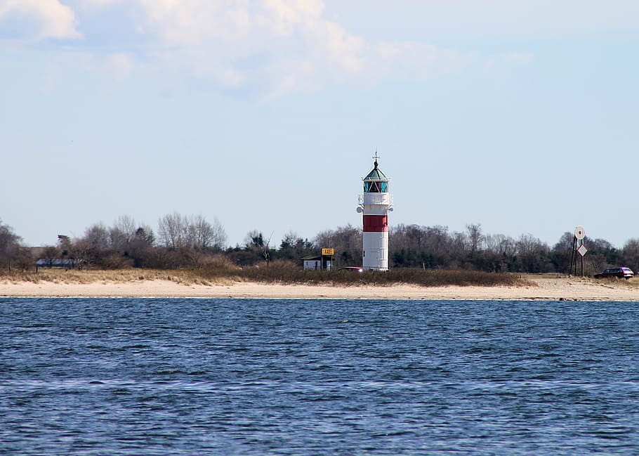 lighthouse, island, beach, guard, water, the sea, denmark, spring HD wallpaper