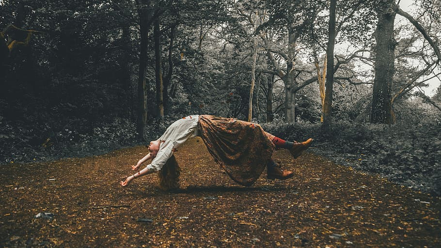 Away With The Fairies, floating female surrounded by trees over dried leaves HD wallpaper
