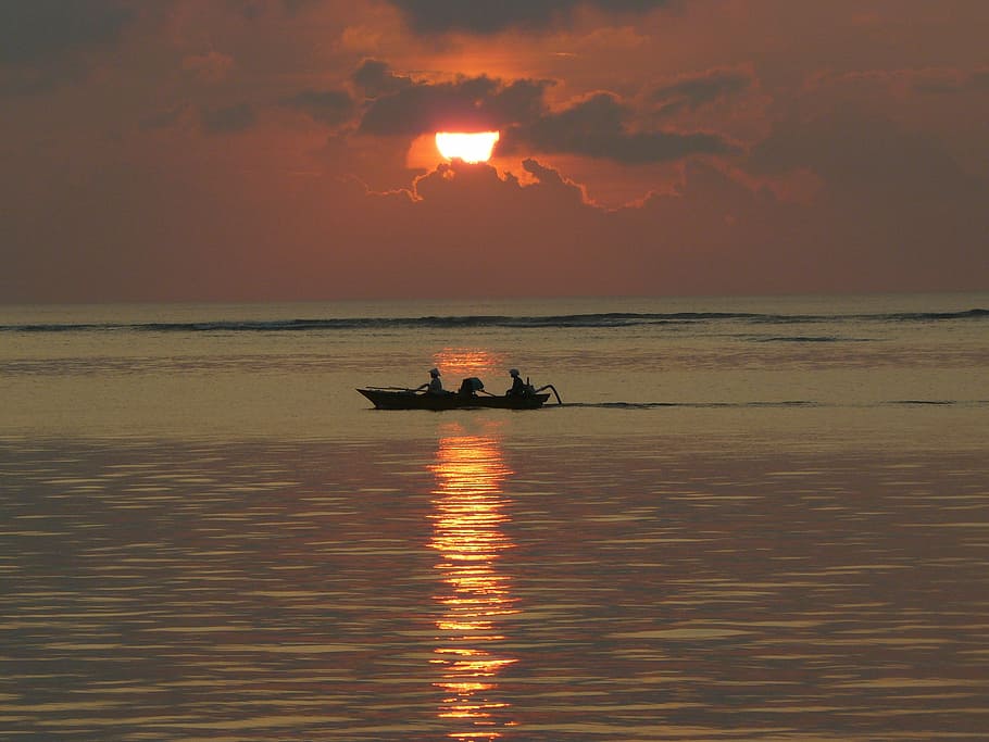 sunset, boat, sea, dusk, water, sky, horizon over water, nautical vessel HD wallpaper