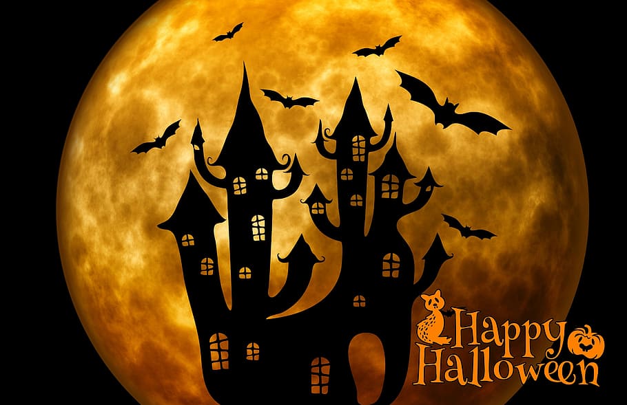 silhouette of haunted house and bats with Happy Halloween text overlay, HD wallpaper