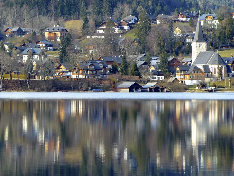 village, mirroring, reflection, water, land, homes, lake, community HD wallpaper