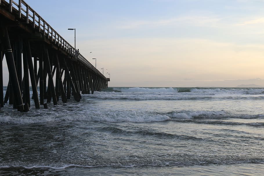 pier, ocean, waves, water, clouds, sunset, sunrise, port hueneme HD wallpaper