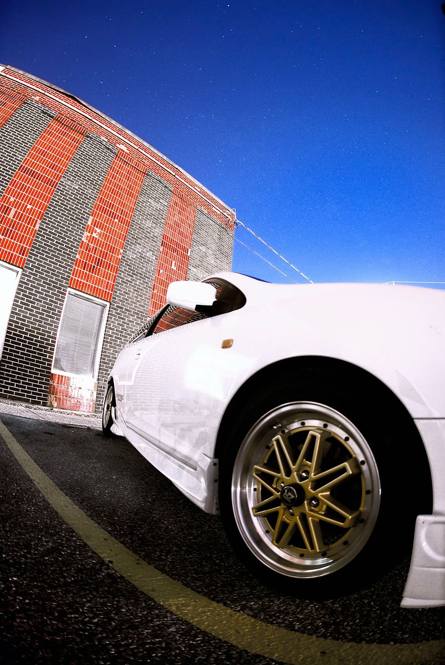 car, night, twilight, building, wheel, ride, vehicle, parked HD wallpaper