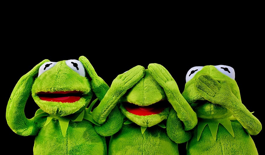 three Kermit The Frog plush toys, not hear, not see, do not speak, HD wallpaper