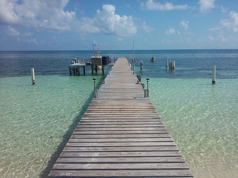beach, pier, ocean, sea, clear water, blue, horizon, clouds HD wallpaper