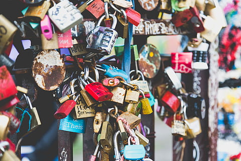 Forever Love, assorted padlock mounted on black steel frame, locks HD wallpaper