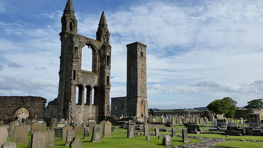 one point perspective photo of cemetery, castle, scotland, ruins, HD wallpaper