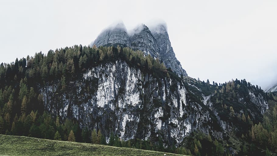 mountain, valley, grass, trees, plant, nature, landscape, sky HD wallpaper