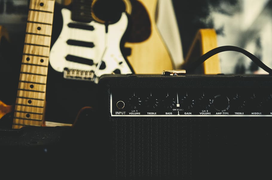 black guitar amplifier beside electric guitar, black electric guitar with amplifier, HD wallpaper