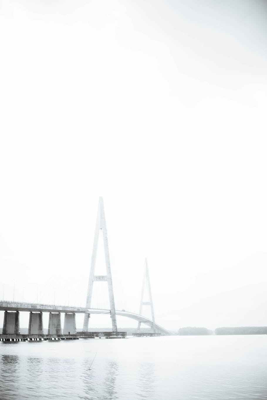 gray bridge with clouds, gray bridge, structure, mist, fog, water HD wallpaper
