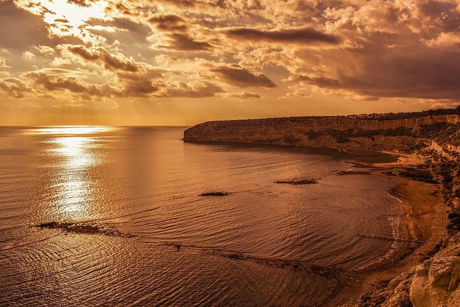 beach, sea, sunset, landscape, sky, clouds, sunlight, sunbeam HD wallpaper
