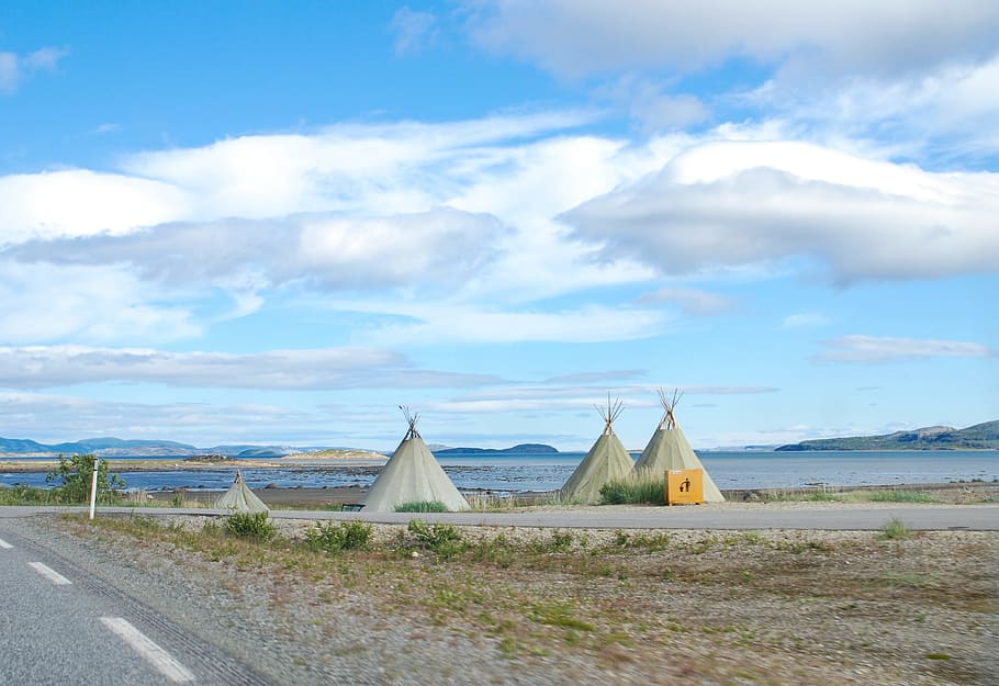 norway, road e69, blue sky, clouds, tepee, sea, nature, cloud - sky HD wallpaper