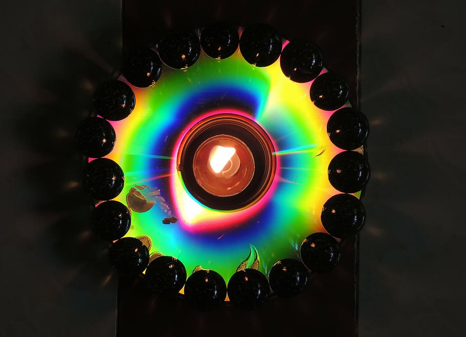 reflection from cd dvd, multicolours, colourful, light, disc HD wallpaper