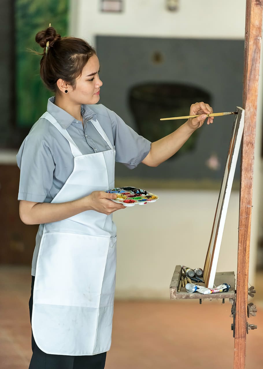 woman painting, artist, art work, asia, brush, canvas, unofficial, HD wallpaper