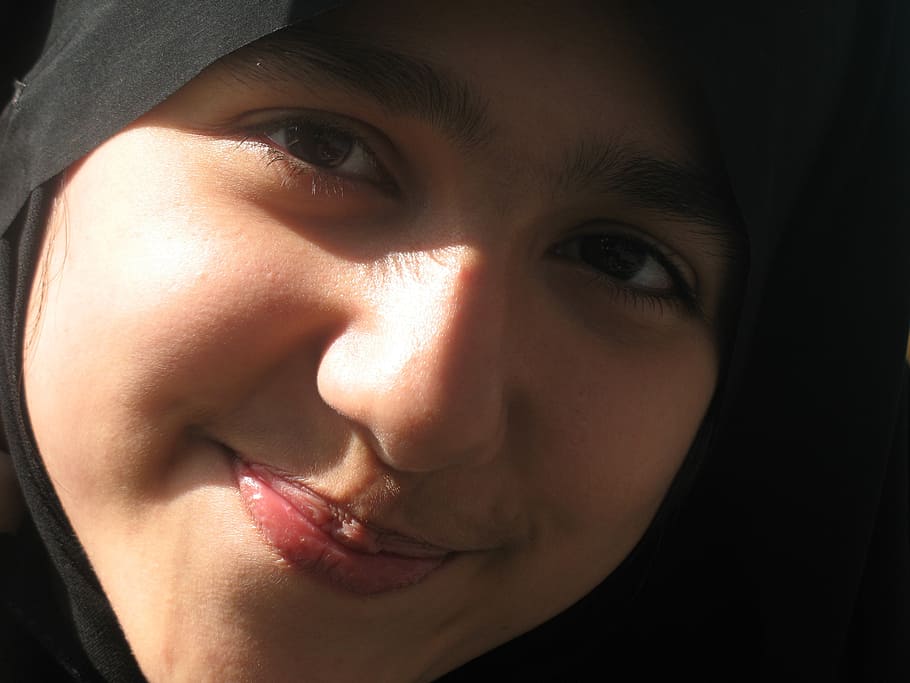 woman wearing black hijab headdress, girl, happy, female, beautiful