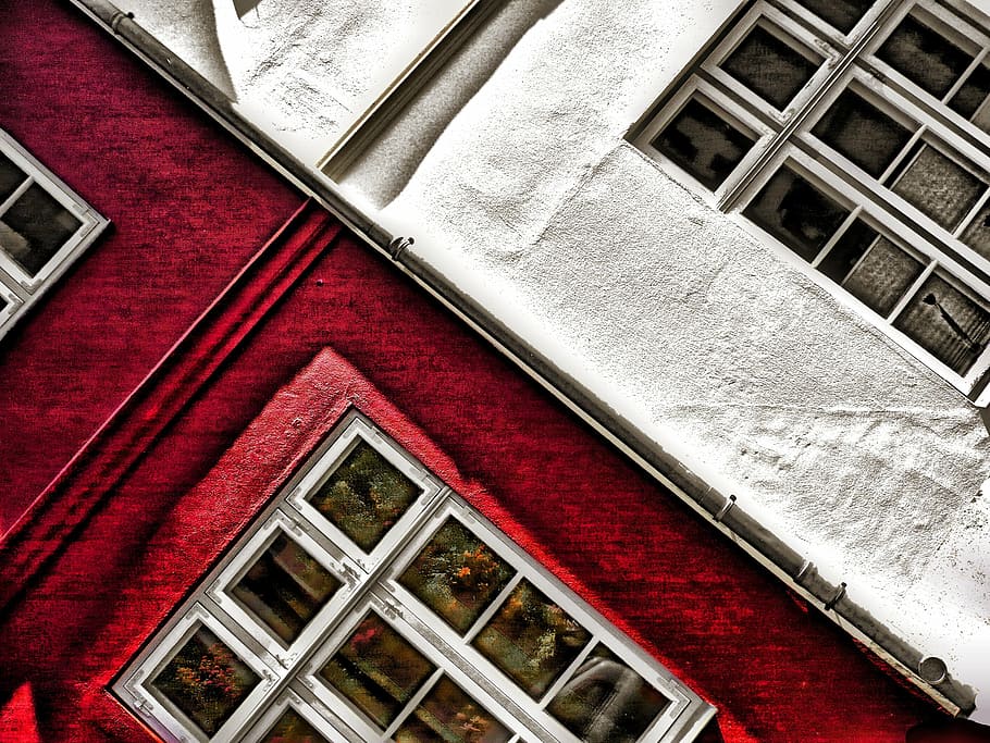 house, facade, lübeck, windows, red, white, color, rot, weiss, HD wallpaper