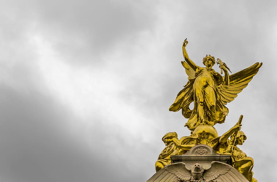 art, city, clouds, cloudy, gold, golden, golden statue, outdoors HD wallpaper