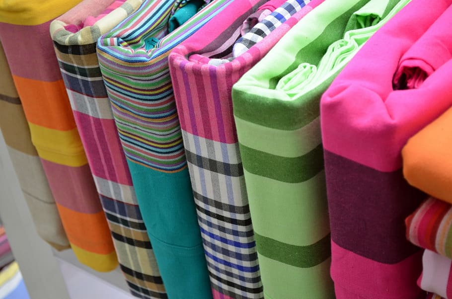 textile lot, bed sheets, linen, colorful, folded, display, stripes HD wallpaper