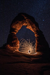 steel wool photography on rock formation at night, time, lapse HD wallpaper