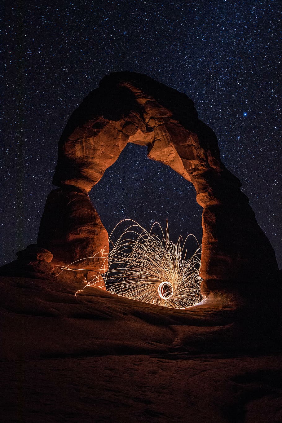 steel wool photography on rock formation at night, time, lapse HD wallpaper