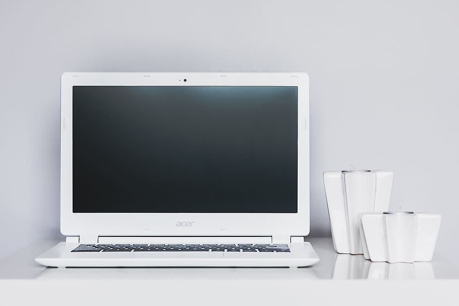 white Acer laptop turned off, desk, work, working, work space, HD wallpaper