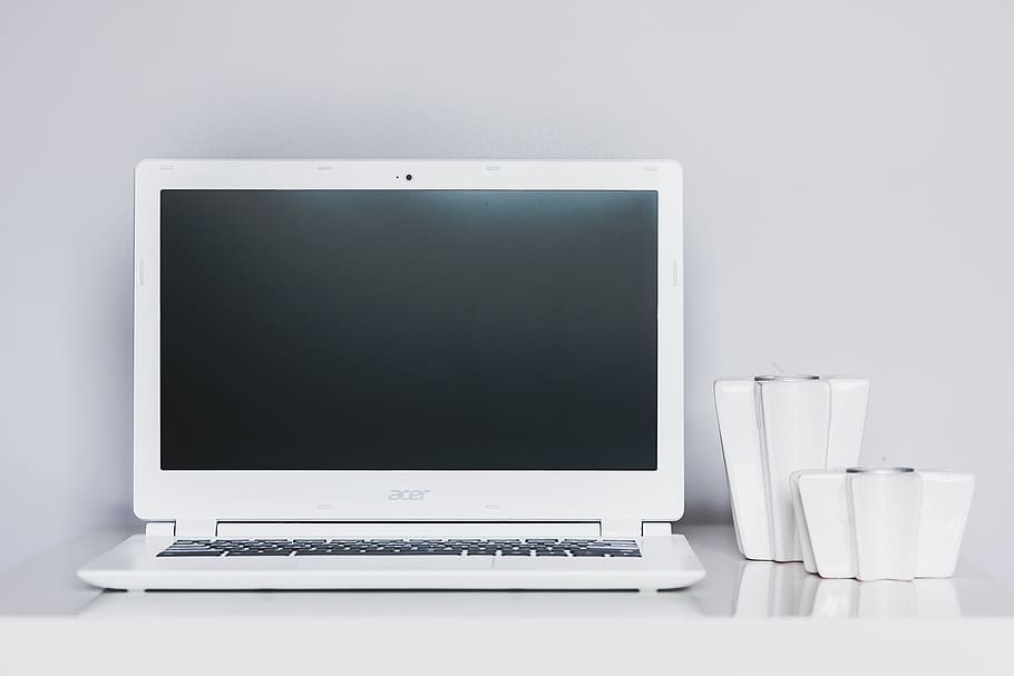 white Acer laptop turned off, desk, work, working, work space HD wallpaper