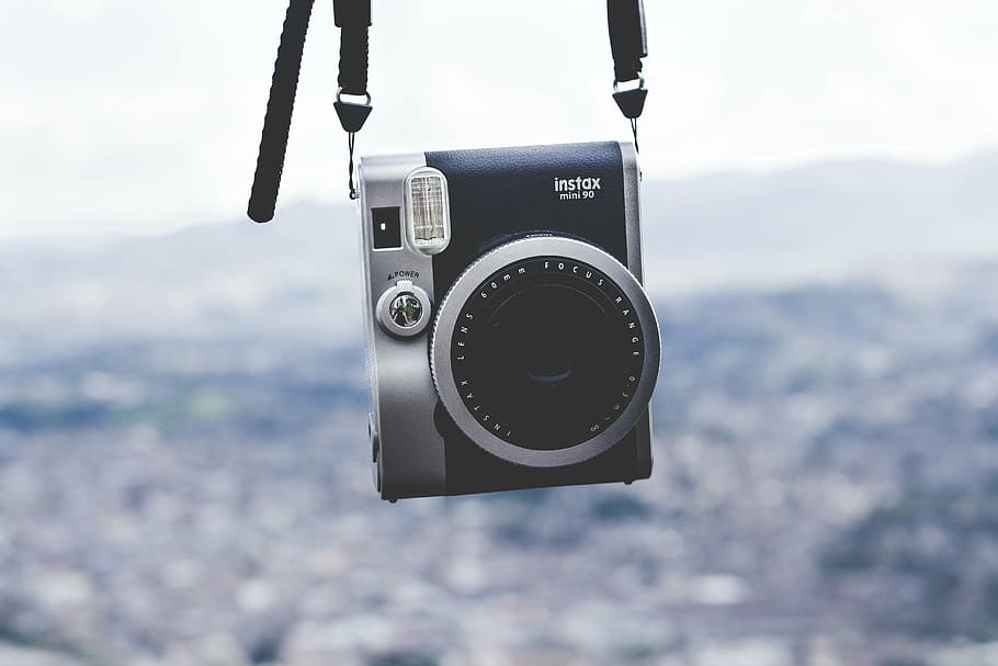 black and gray Fujifilm Instax camera, equipment, hanging, instax mini 90, HD wallpaper