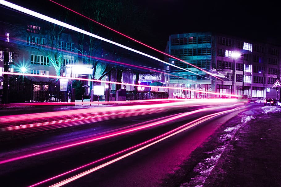 timelapse photography of pink vehicle lights near buildings, speed of light photography, HD wallpaper