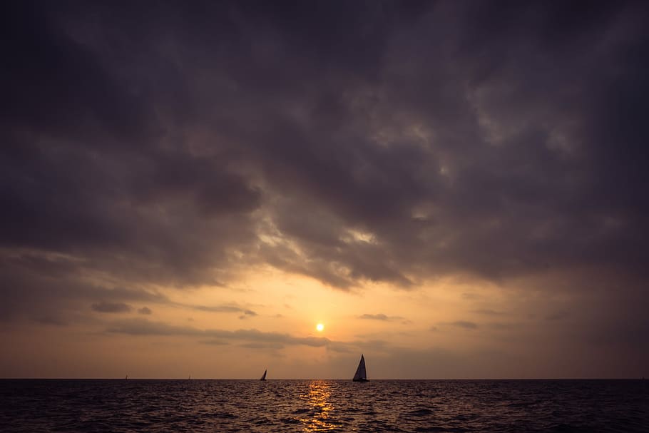 two sail boats sailing on the sea, ocean, cloud, dom, water HD wallpaper