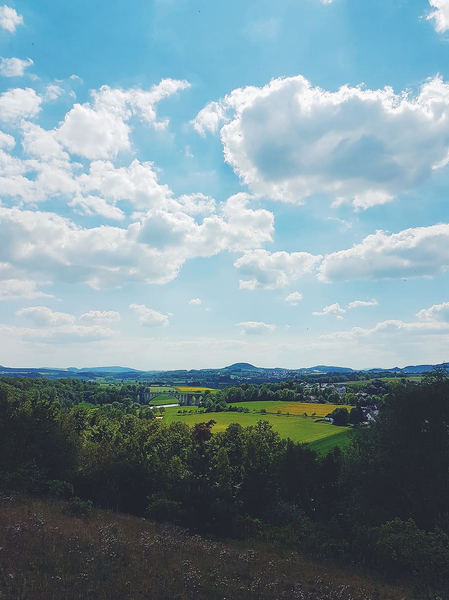 mountains, nature, sky, clouds, environment, field, forest, grass HD wallpaper