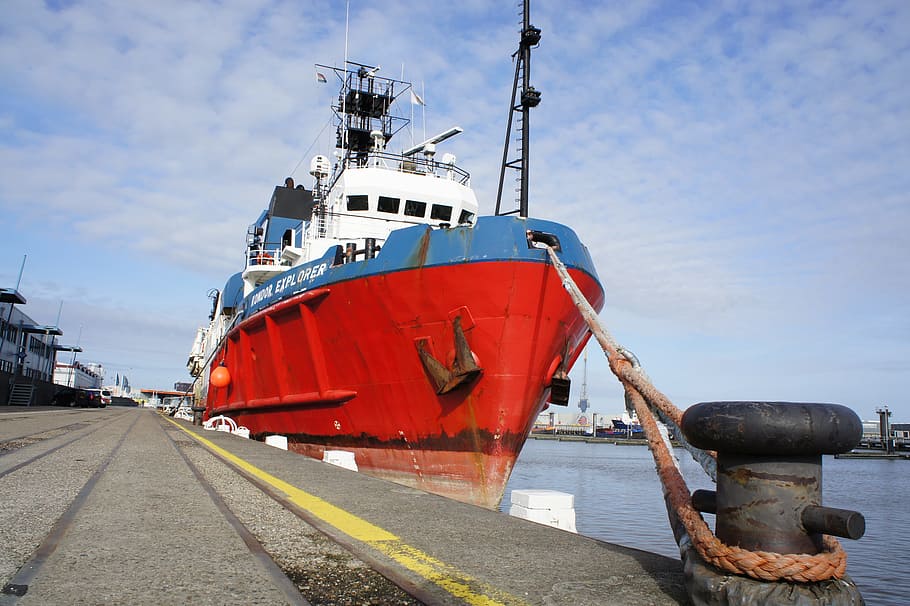 boat, ship, quay, tros, bolder, red, air, clouds, nautical vessel HD wallpaper
