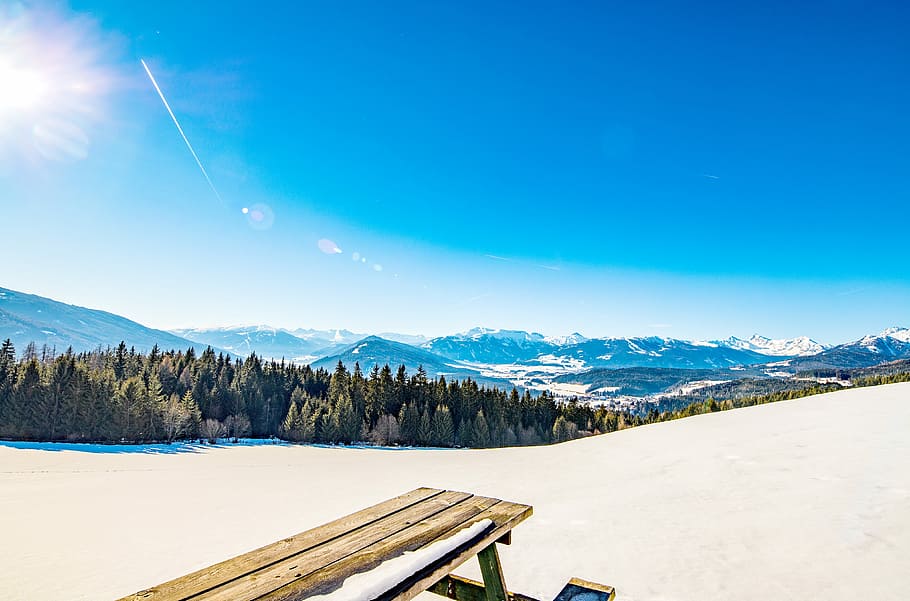 brown wooden snow sled on white snow field, brown wooden bench chair on white sand HD wallpaper