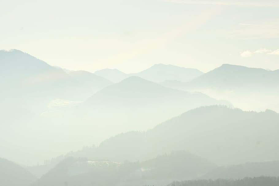 landscape, mountains, sky, haze, fog, nature, scenics, mountain Peak HD wallpaper