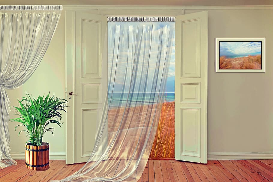 curtain on door 3D perspective view, room, space, apartment, hinged doors, HD wallpaper