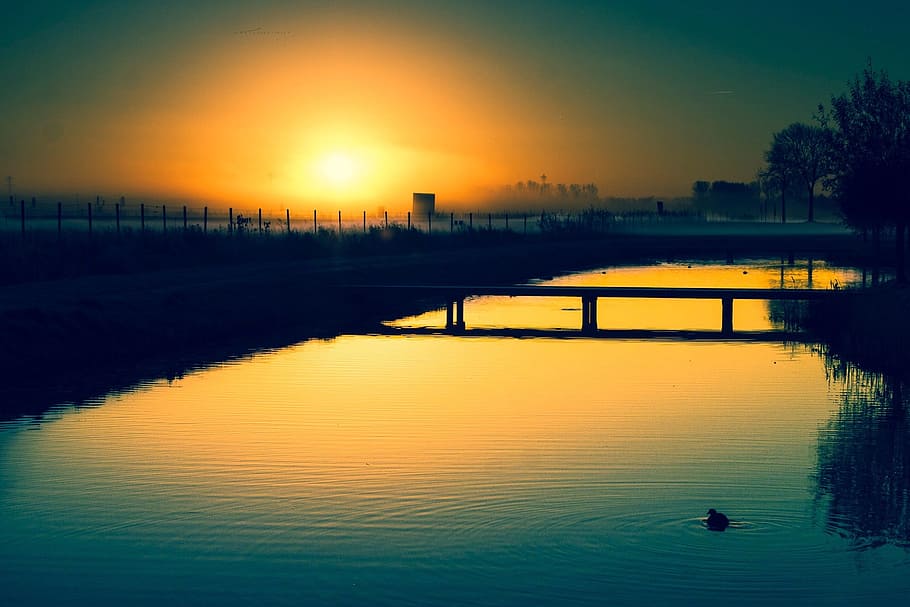 ditch, morning, nice, sun, water, reflection, sunset, sky, tranquility HD wallpaper