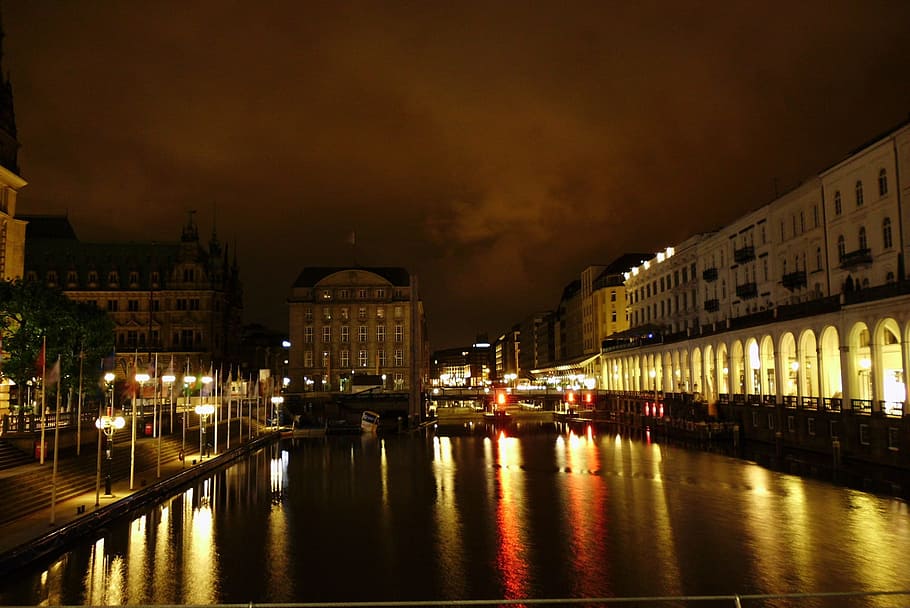 Alster, Arcade, Water, Night, architecture, skyline, city, cityscape HD wallpaper
