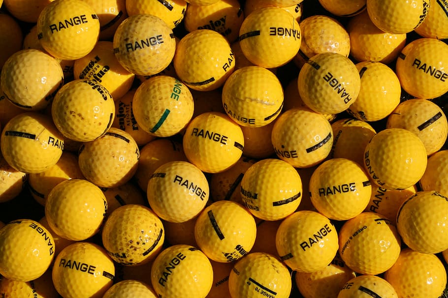 orange golf ball lot, crowd, driving range, yellow balls, similar, HD wallpaper