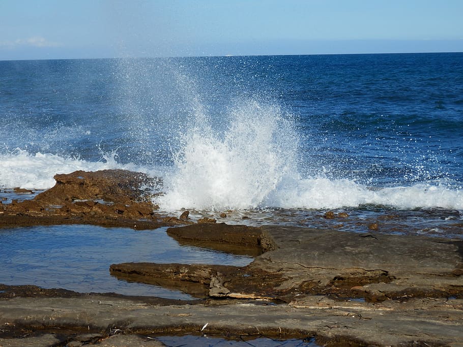 Sea, Water, Rocks, Wave, Wind, Splash, nature, motion, horizon over water HD wallpaper