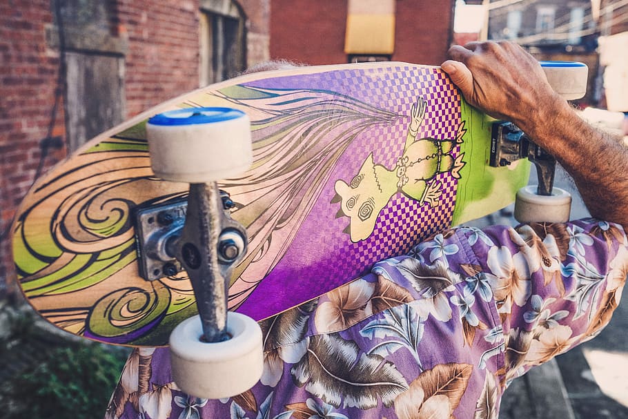 person holding purple and green cruiser board, objects, lazy HD wallpaper
