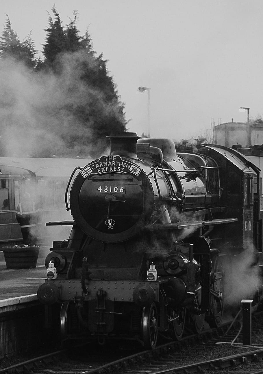 grayscale photography of The Carmarthen Express 43106 steam train at daytime HD wallpaper