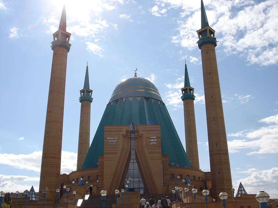 beige and blue mosque, azerbaijan, islam, faith, religion, house of worship, HD wallpaper
