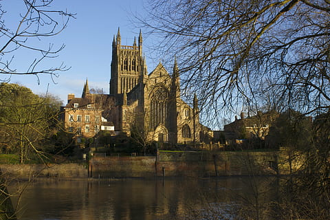 worcester, cathedral, architecture, river, water, reflections HD wallpaper