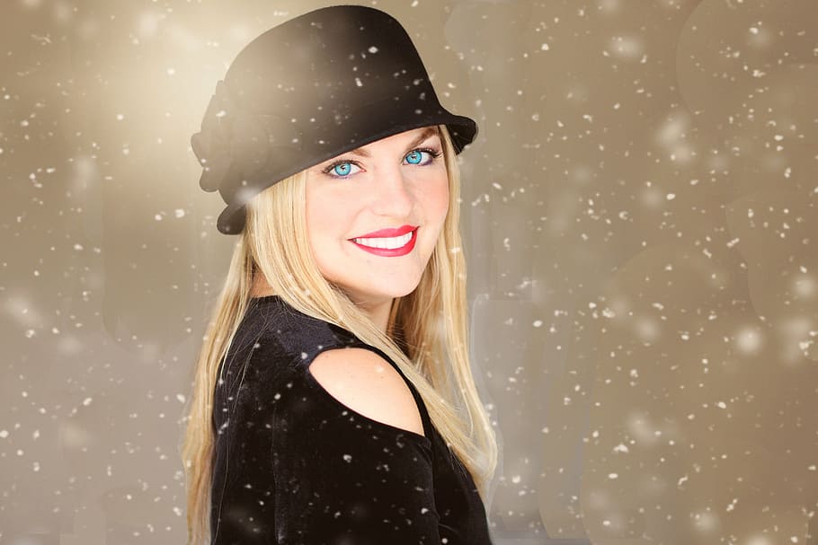 photo of blonde haired woman, snow, snowflake, winter, festive HD wallpaper