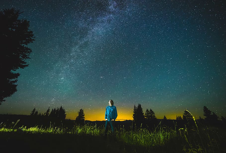 person stands on green grasses watching stars, starry sky, night HD wallpaper