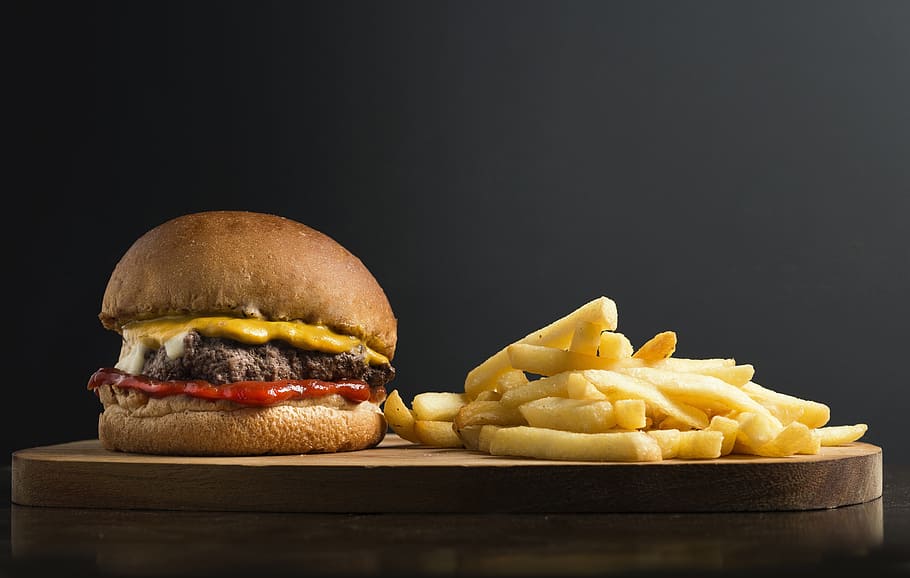 cheese burger with fries on board, snack, sandwich, fast food HD wallpaper