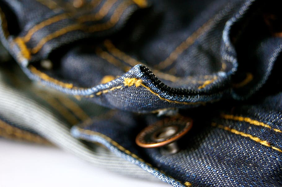 blue denim bottoms, fabric, sew, pants, clothing, button, seam, HD wallpaper