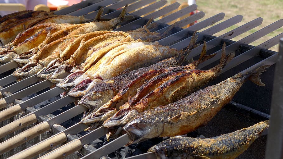 steckerlfisch, food, smoked fish, specialty, folk festival, HD wallpaper
