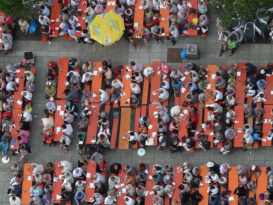 aerial photography of group of people eating on bench, Festival, HD wallpaper