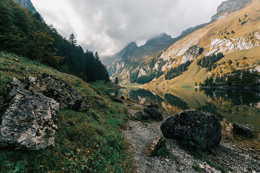 River Between Mountains Under Cloudy Sky, adventure, beautiful HD wallpaper