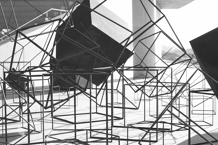 cubes, art, surrealism, metal, low angle view, built structure HD wallpaper